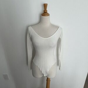 Windsor Womens Bodysuit White Cream Small Deep V Neck Stretchy Comfy Sexy Casual